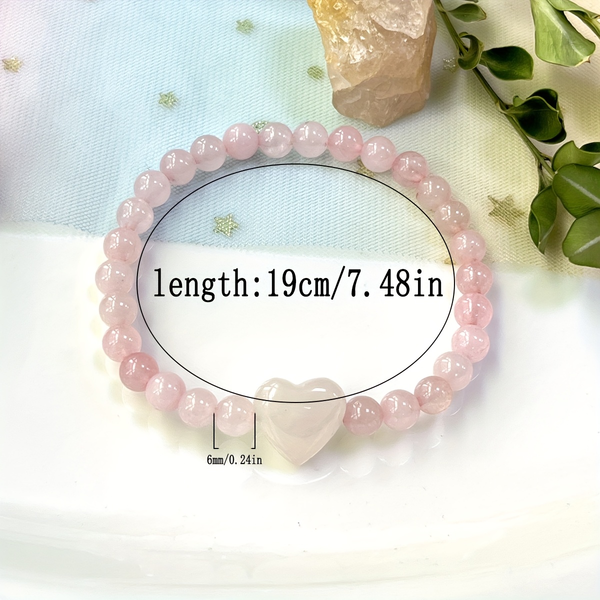 Trendy 6Mm Rose Quartz Heart Beaded Bracelet, Boho Chic